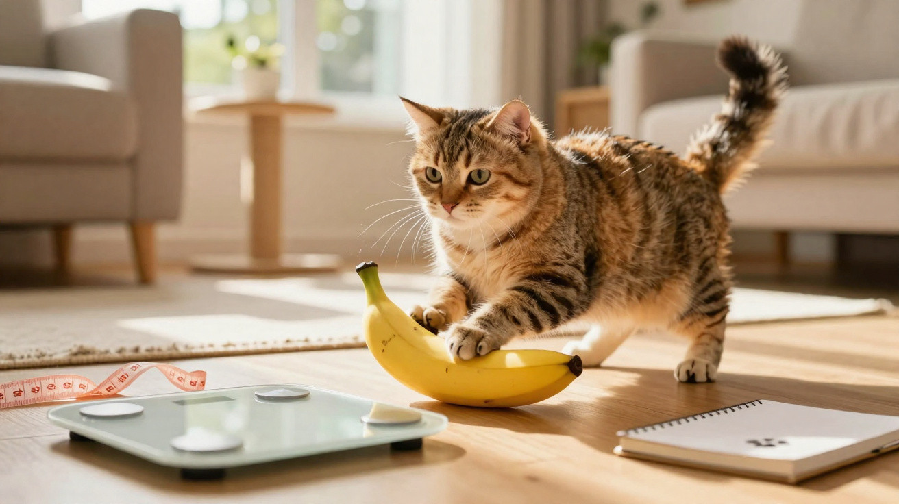 Gato tigrado a brincar com uma banana em chão de madeira, perto de balança, fita métrica e caderno.