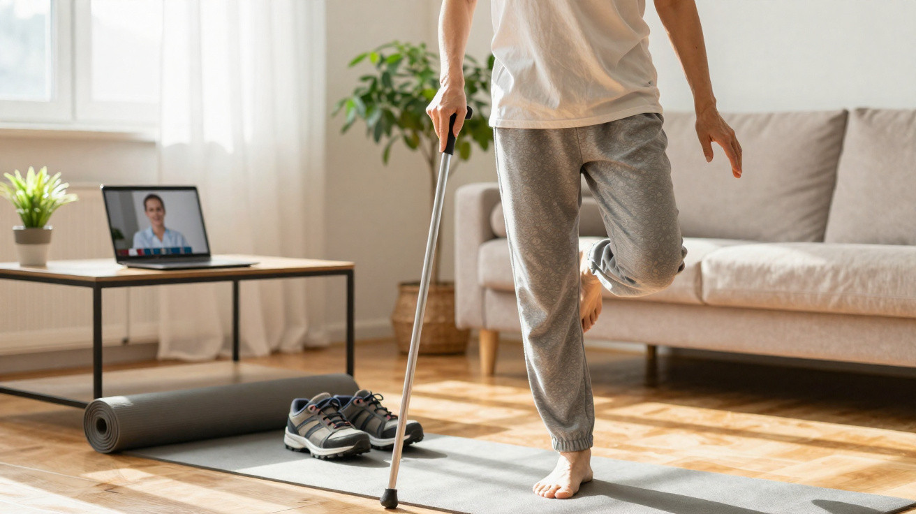 Pessoa em roupa de treino apoia-se numa bengala enquanto equilibra numa perna numa sala de estar com tapete de yoga.
