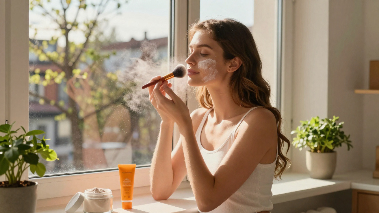 Mulher aplica pó facial com pincel junto a janela, com luz natural e plantas ao fundo.