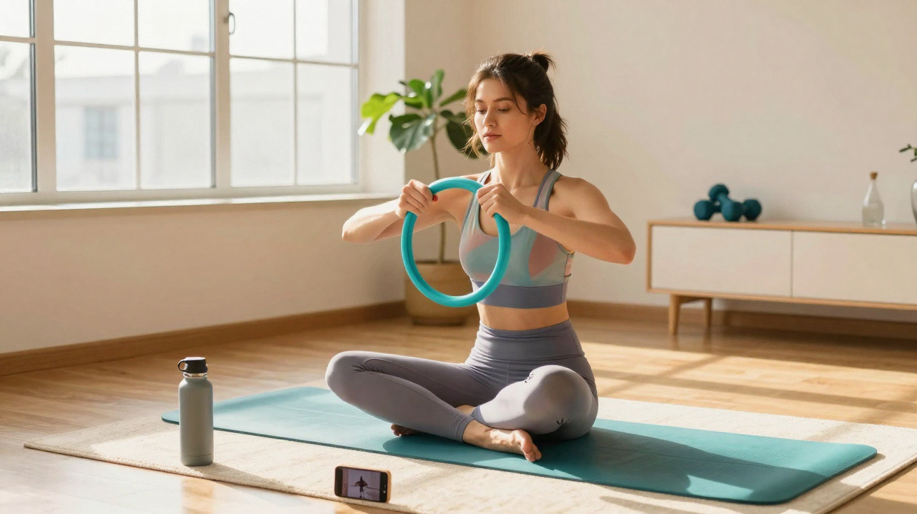 Mulher jovem a fazer exercício de yoga com anel de Pilates em ambiente luminoso e tranquilo.