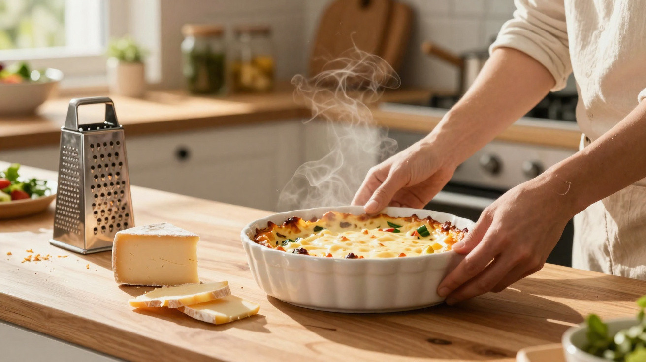 Mãos seguram uma travessa com prato quente acabado de sair do forno, com queijo, ralador e fatias de queijo na bancada.