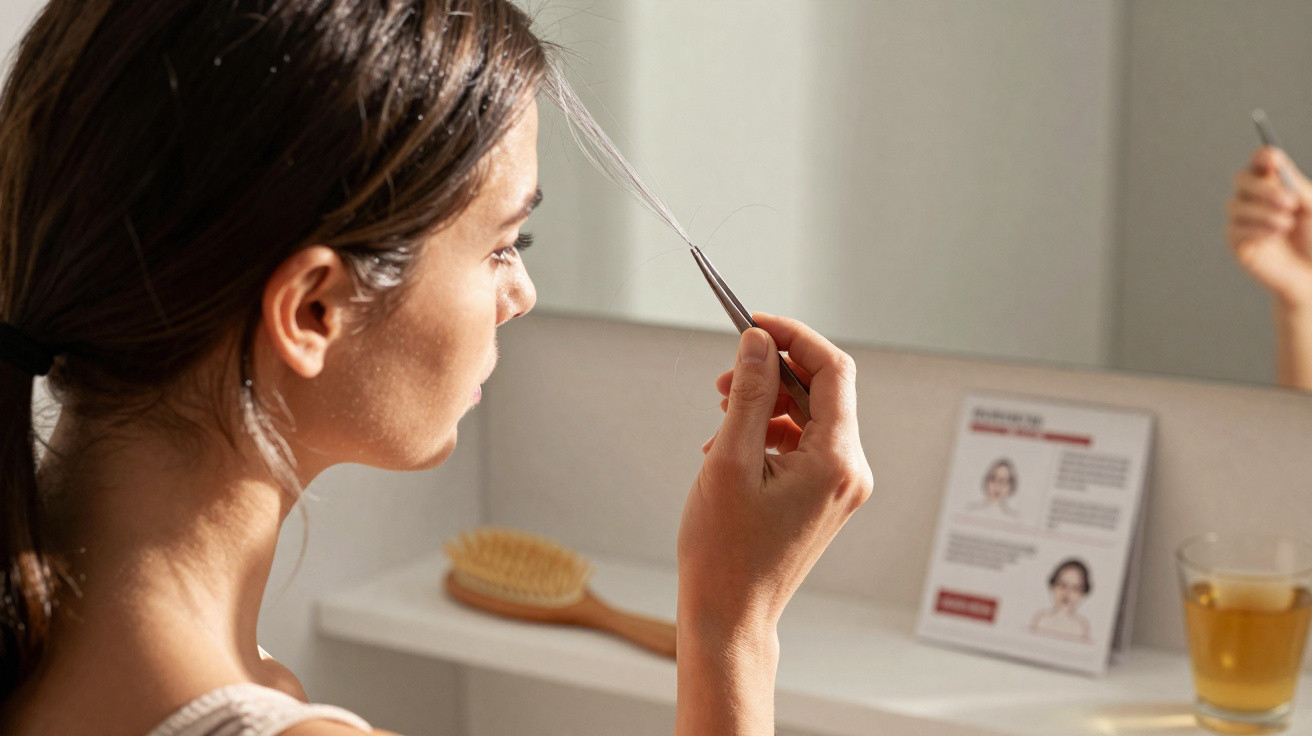 Mulher analisa fios de cabelo com ferramenta, sentada em frente a espelho num ambiente iluminado.