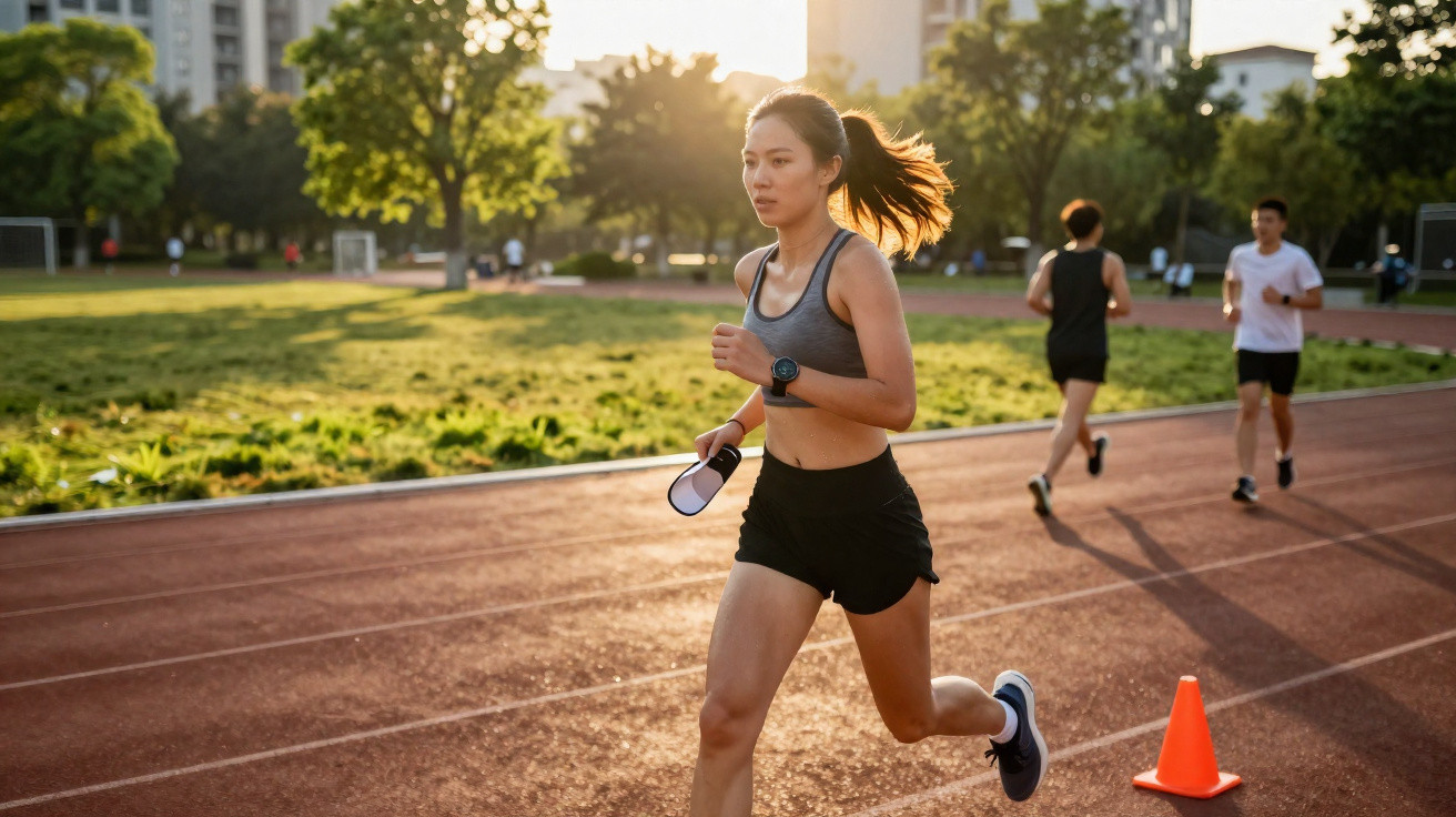 Mulher a correr numa pista de atletismo ao pôr do sol, com outras duas pessoas a correr ao fundo.