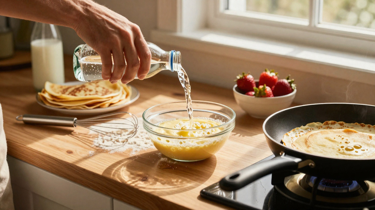 Pessoa a preparar massa para panquecas numa cozinha, com frigideira no fogão e morangos ao fundo.