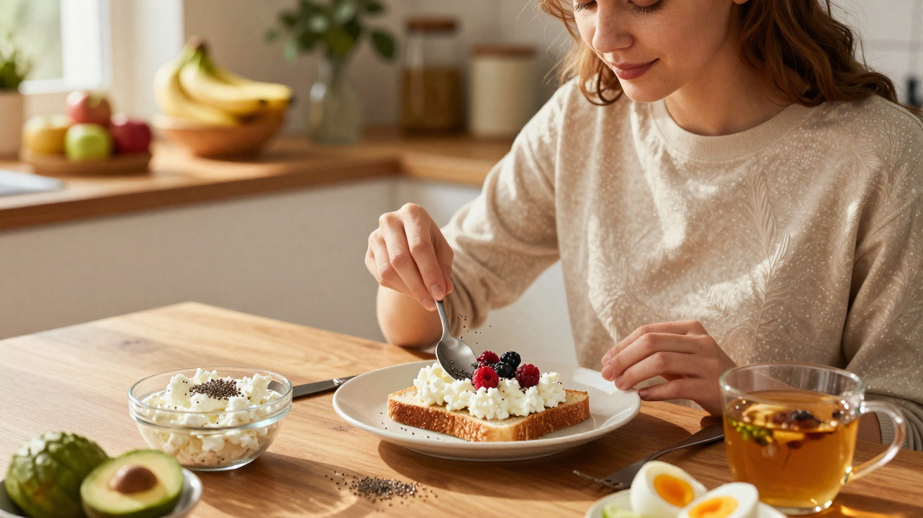 Mulher a comer torrada com queijo cottage e frutos vermelhos numa mesa com abacate, chá e ovo cozido.