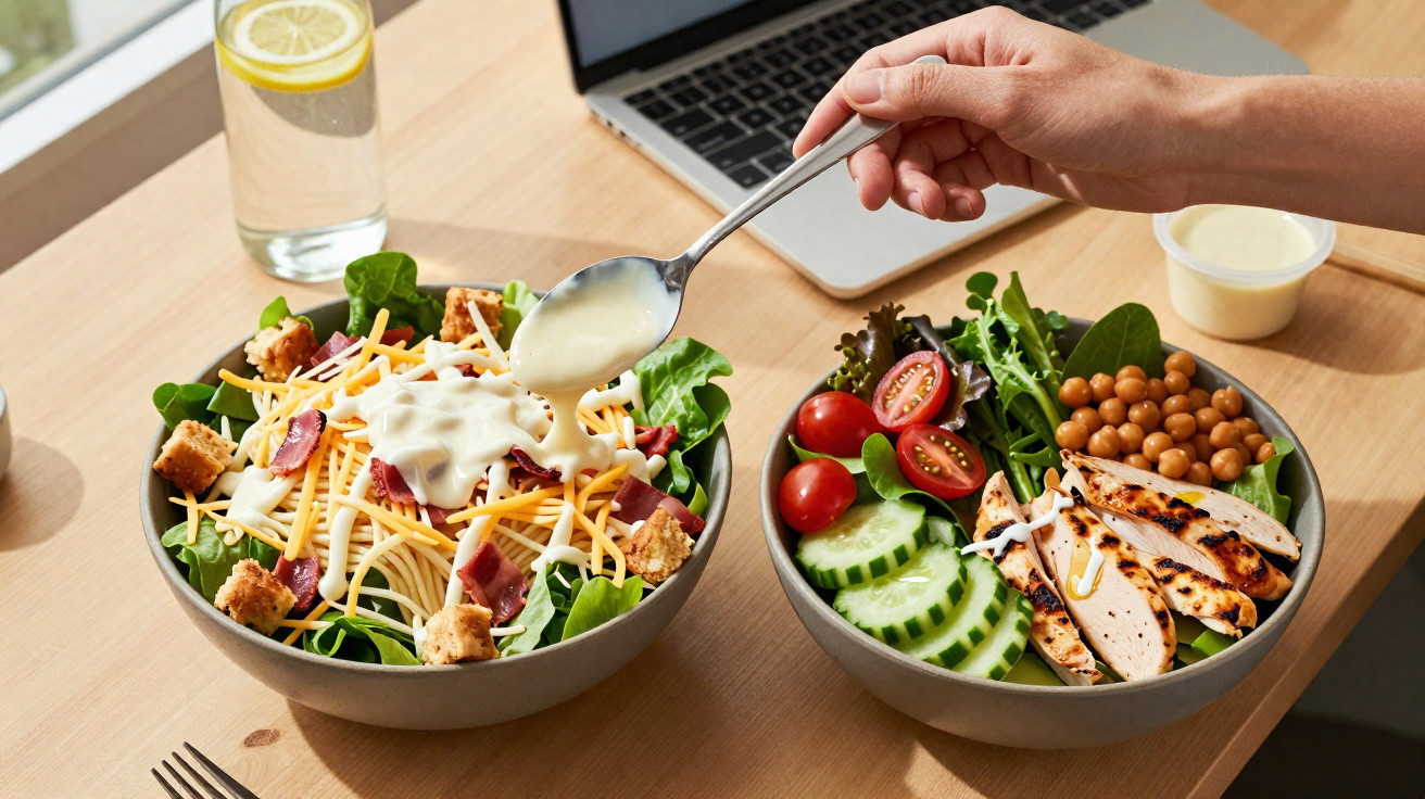 Duas taças de salada saudável com ingredientes frescos, molho a ser colocado, computador aberto e copo de água ao fundo.