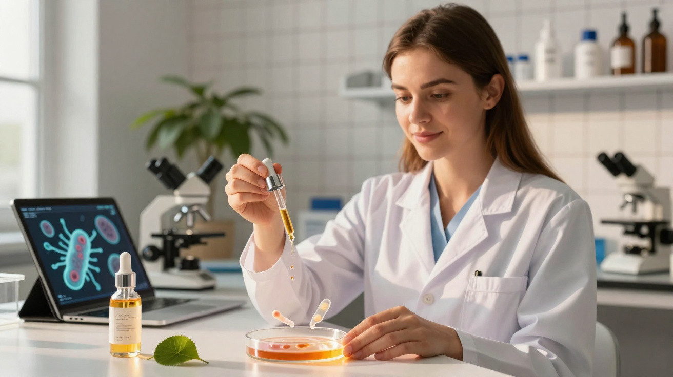 Cientista a realizar experiência com pipeta e placa de Petri num laboratório moderno.