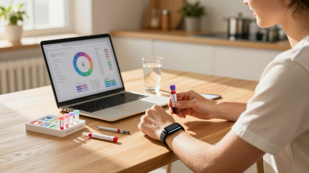 Pessoa a analisar resultados de testes médicos num tubo com portátil aberto numa mesa de cozinha.