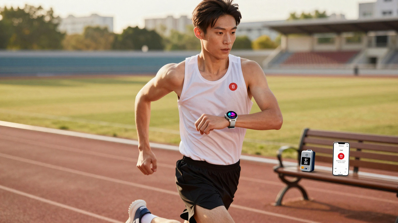 Homem a correr em pista ao ar livre, usando relógio inteligente no pulso esquerdo.