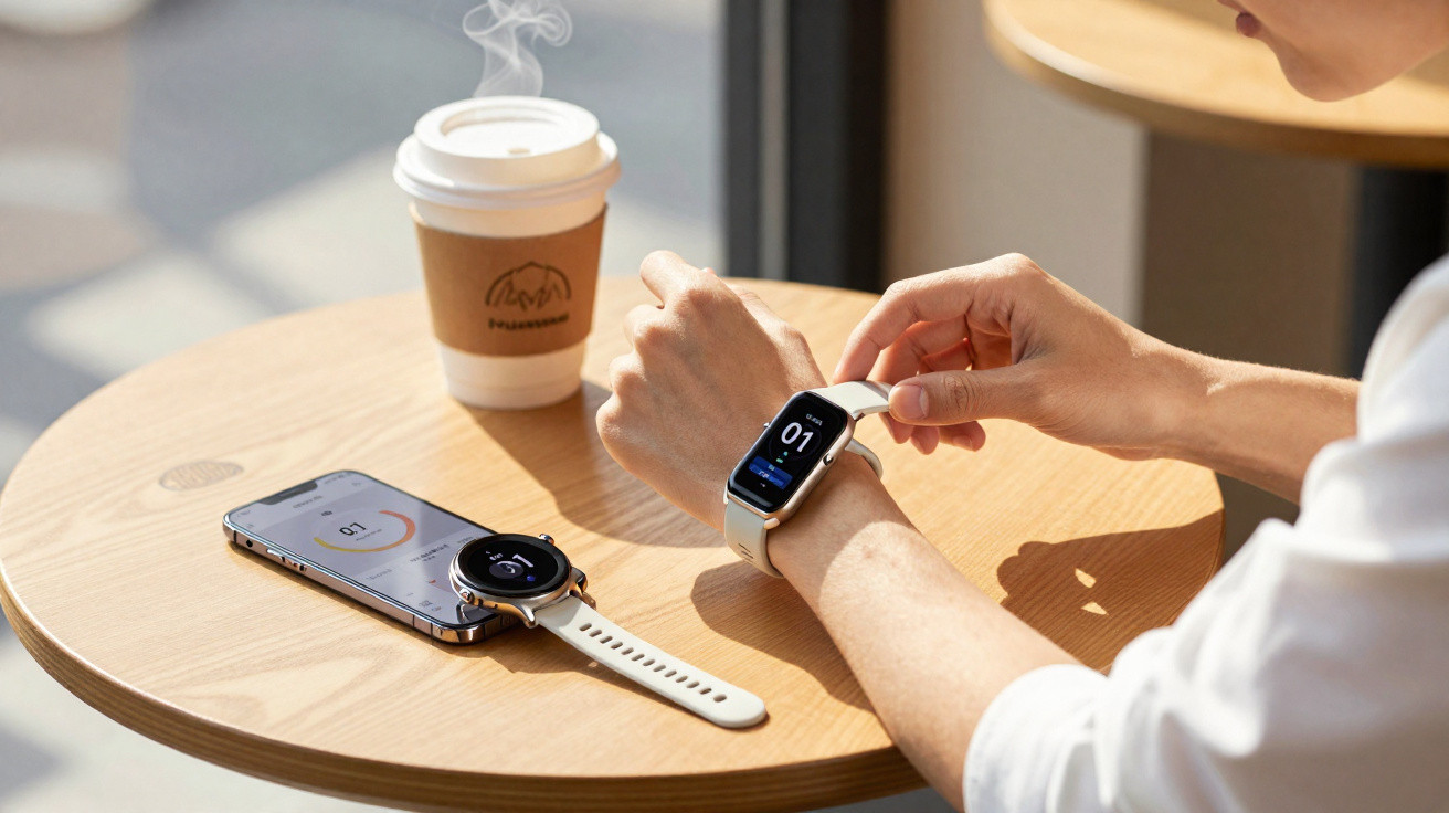 Pessoa a ajustar um smartwatch branco ao pulso numa mesa com café e telemóvel com outro smartwatch em cima.