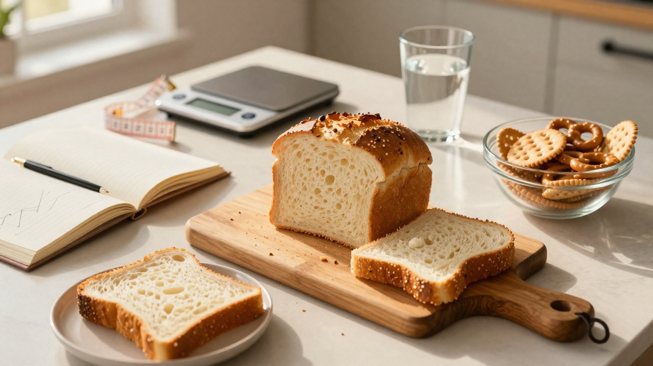 Pão de forma com sementes cortado em fatias, bolachas num prato, copo de água e caderno numa mesa.