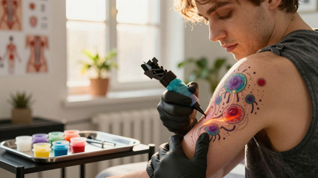 Jovem a fazer tatuagem colorida no braço num estúdio iluminado com luz natural.