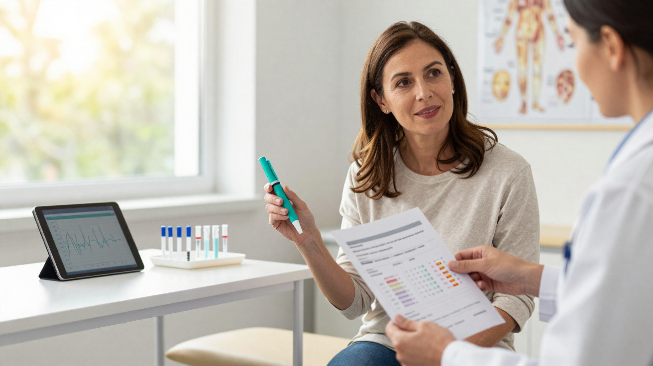 Mulher consulta médica conversa com profissional de saúde, com exames e gráfico numa mesa ao lado.