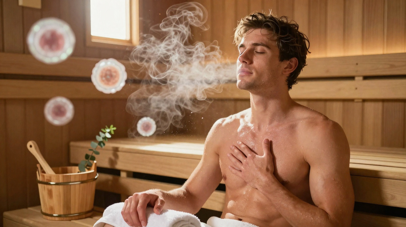 Homem sentado numa sauna com olhos fechados e vapor quente à sua volta.