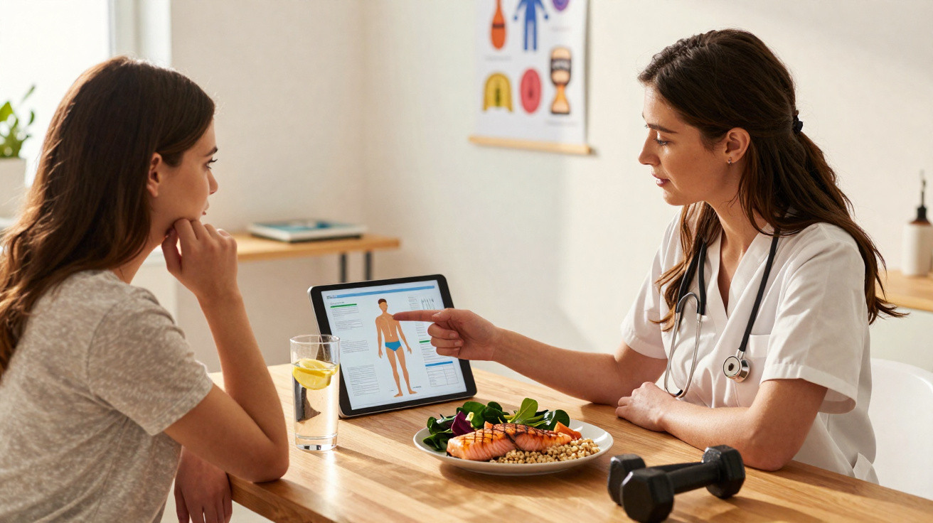 Nutricionista a explicar plano alimentar a mulher numa consulta com ícones de saúde num tablet.
