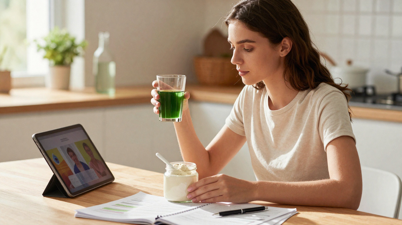 Jovem sentada à mesa na cozinha, estudando com cadernos abertos e a beber um copo de bebida verde.