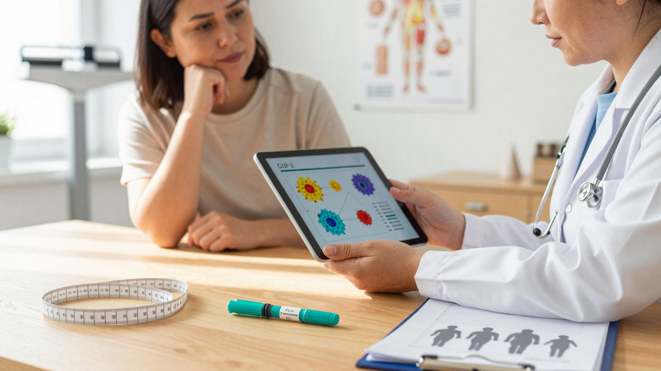 Médica a mostrar gráficos numa tablet a paciente, com fita métrica e caneta de insulina sobre a mesa.