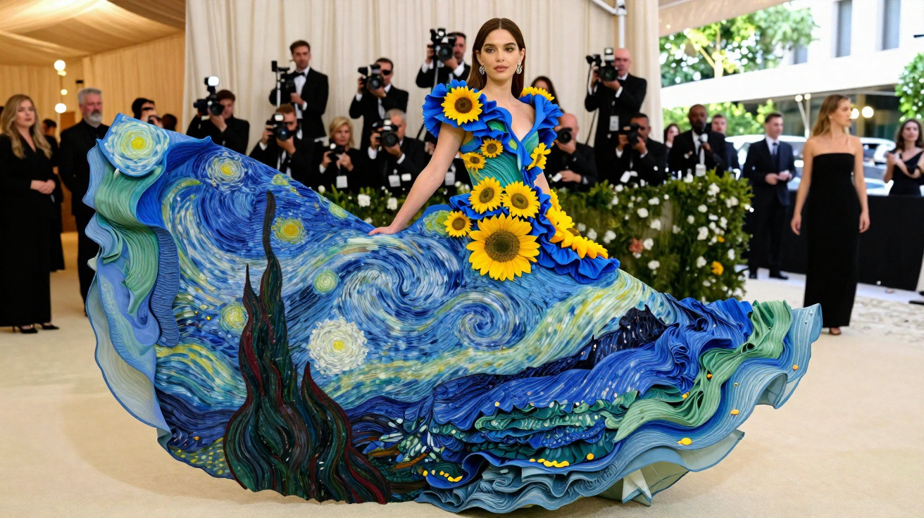 Mulher com vestido azul inspirado em "Noite Estrelada" de Van Gogh e girassóis, rodeada por fotógrafos num evento.