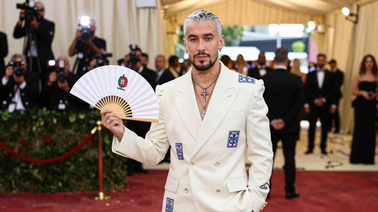 Homem com cabelo grisalho e fato branco segurando leque numa passadeira vermelha, com fotógrafos ao fundo.