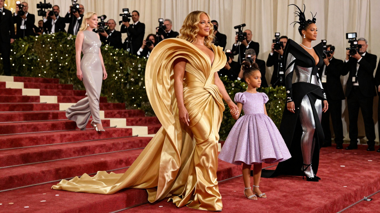 Mulher de vestido dourado exuberante, criança de vestido lilás e mulher com vestido preto e prata no tapete vermelho.