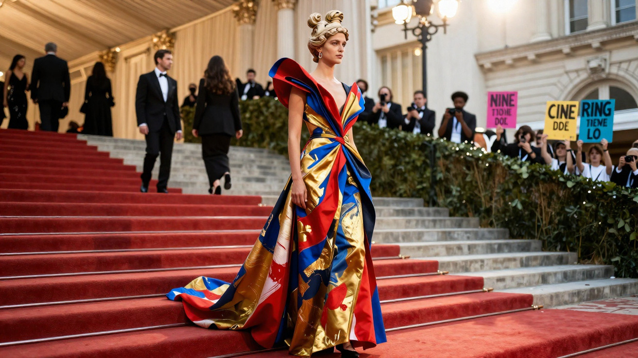 Mulher elegante desce escadas vermelhas vestida com vestido longo colorido em evento formal.