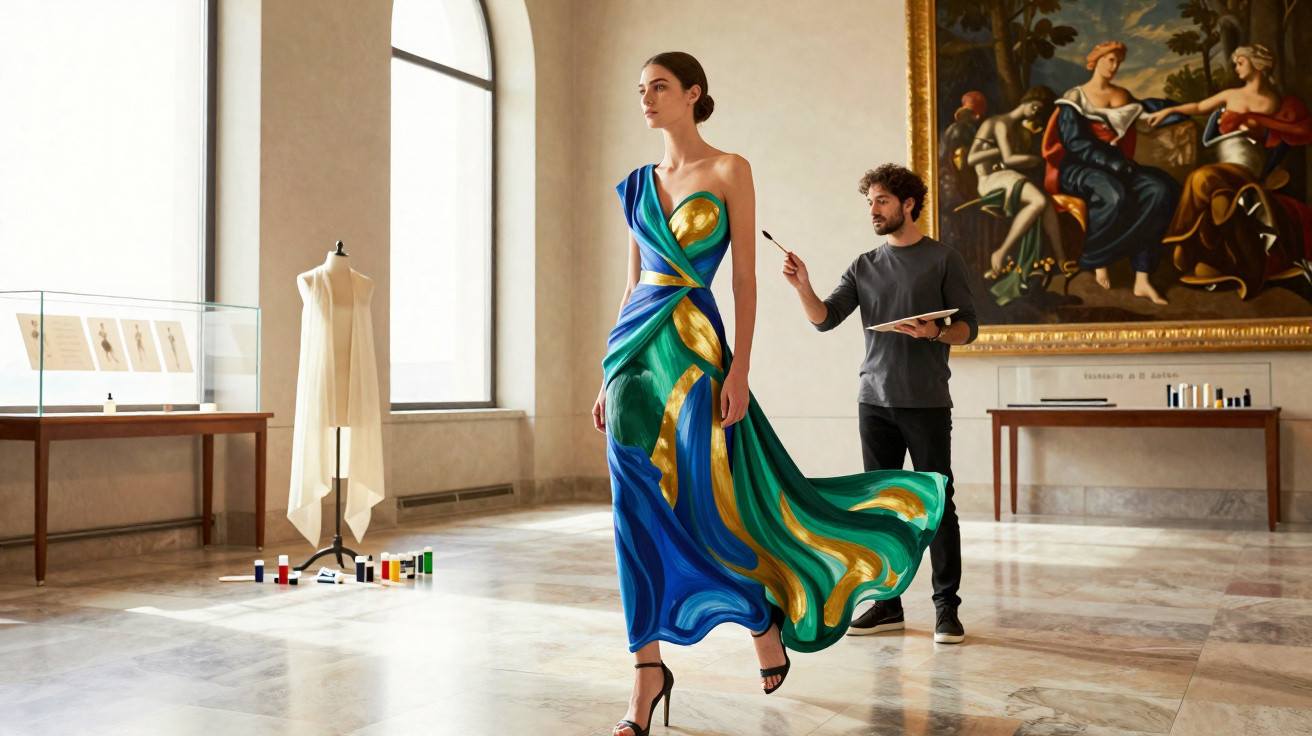 Mulher de vestido azul e verde com detalhes dourados em passarela interior, homem pintando vestido ao fundo.