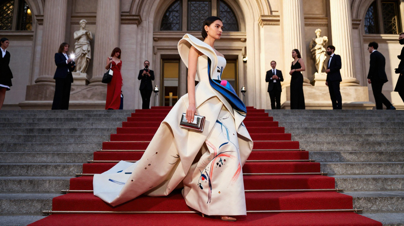 Mulher elegante em vestido artístico e volumoso desce escadas com tapete vermelho em evento formal.