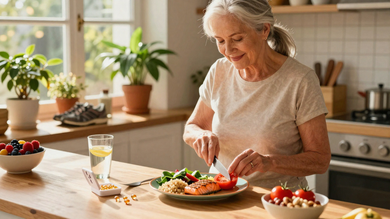 Mulher sénior a preparar uma refeição saudável com salmão e legumes numa cozinha iluminada.