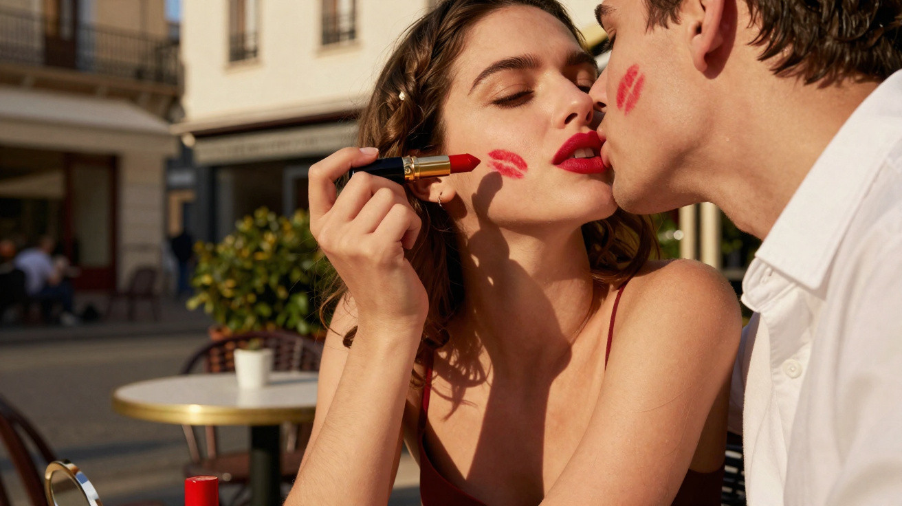 Mulher com batom vermelho pinta beijo no rosto de homem num café ao ar livre, em momento romântico.