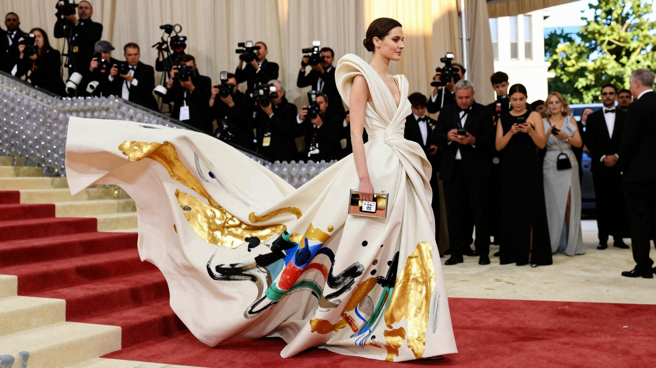 Mulher de vestido branco longo com detalhes dourados e coloridos na passadeira vermelha com fotógrafos ao fundo.