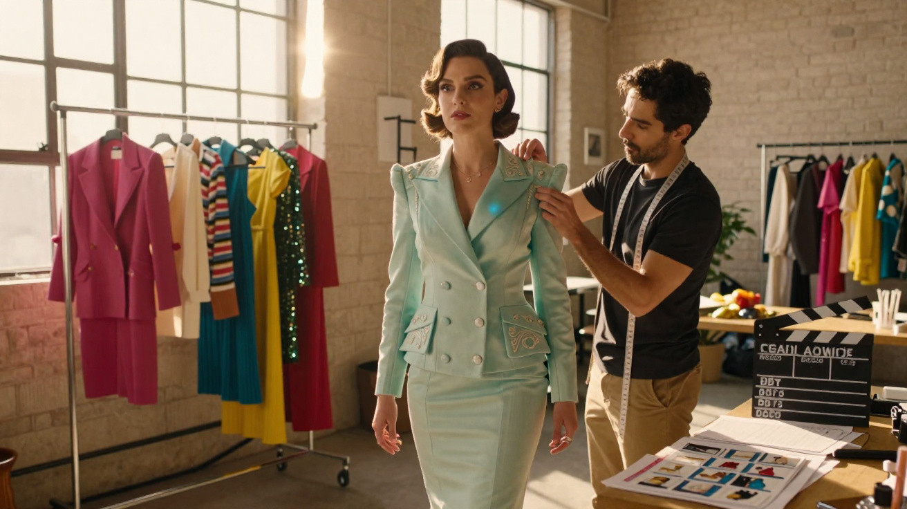 Costureiro ajusta vestido verde claro em modelo numa sala com várias roupas penduradas.