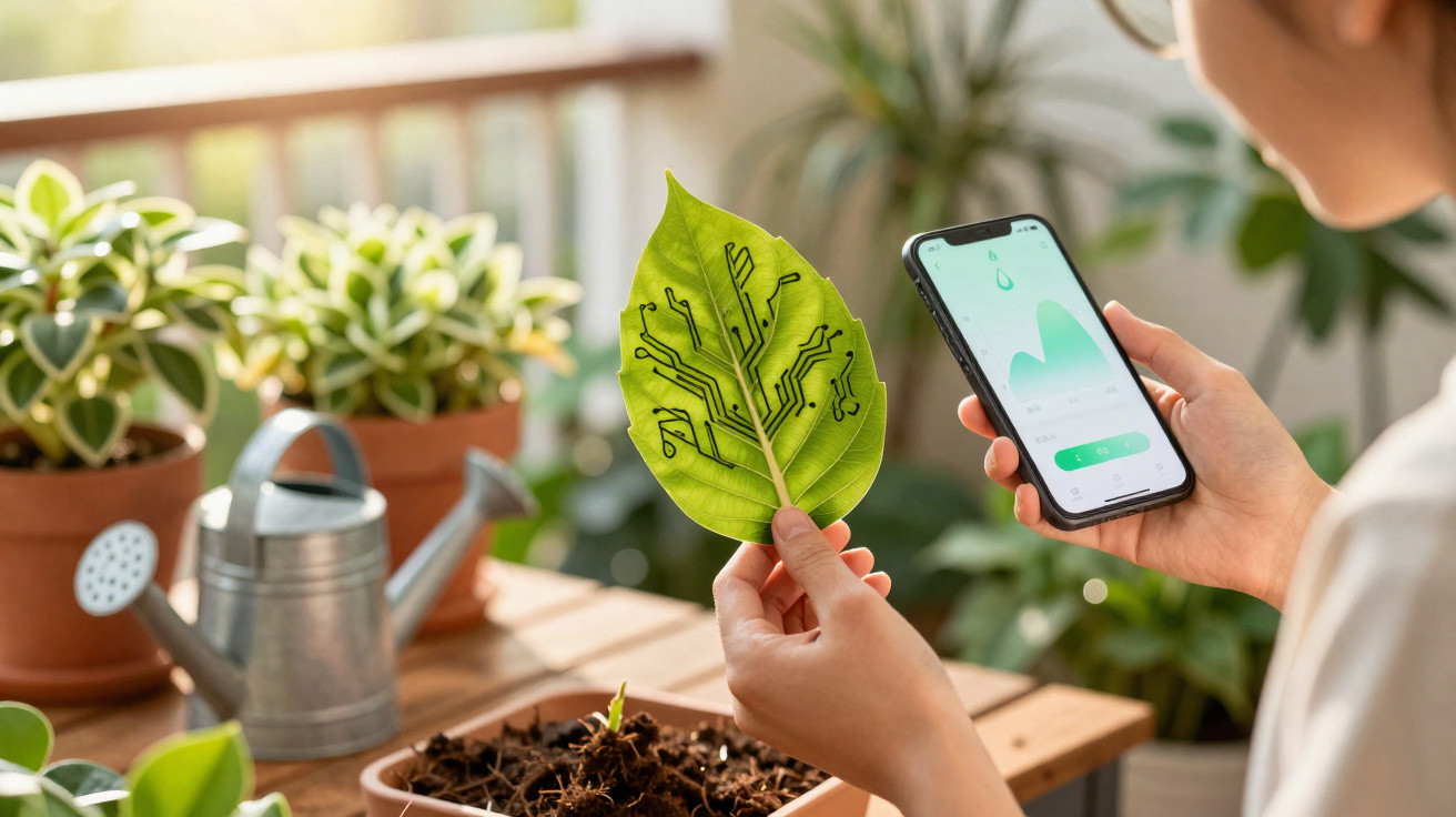 Pessoa segura folha com circuito impresso e telemóvel com aplicação de monitorização ambiental.