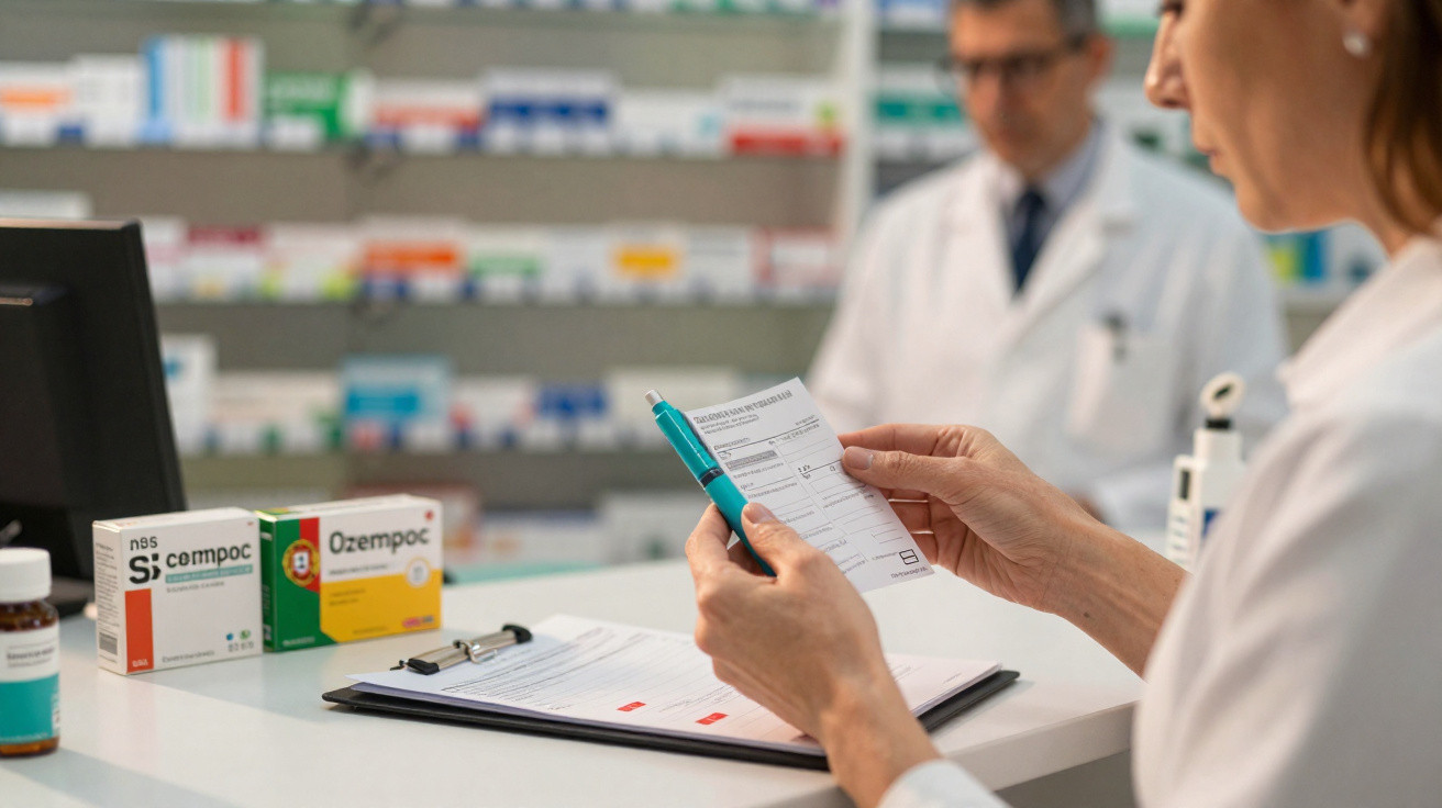 Farmacêuticos a analisar receita médica numa farmácia com caixas de medicamentos em fundo desfocado.