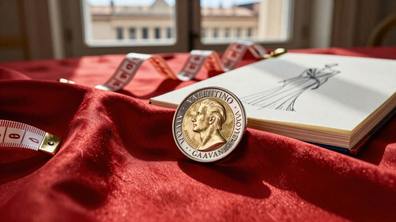 Medalha Valentino Gaavani sobre tecido vermelho, fita métrica e desenho de vestido em caderno aberto.