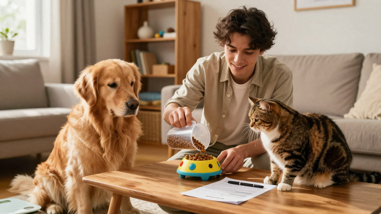 Homem alimenta um cão e um gato, comedouro colorido numa sala de estar acolhedora.