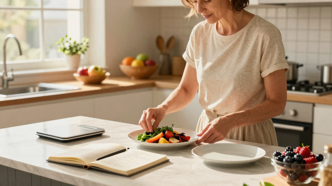 Mulher a preparar uma salada colorida na cozinha moderna com frutas e caderno aberto na bancada.