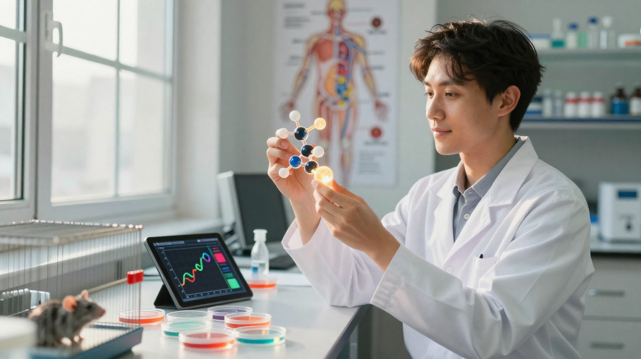 Cientista em laboratório analisa modelo molecular, com rato de laboratório e petri ao lado.
