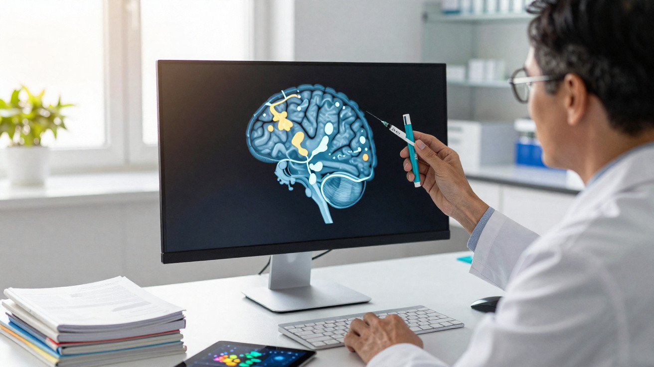 Médico a apontar cérebro digital no ecrã do computador num consultório clínico.