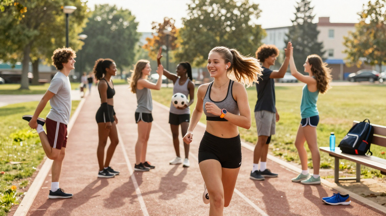 Jovens a exercitar-se ao ar livre numa pista, com uma rapariga a correr e outros a cumprimentarem-se.