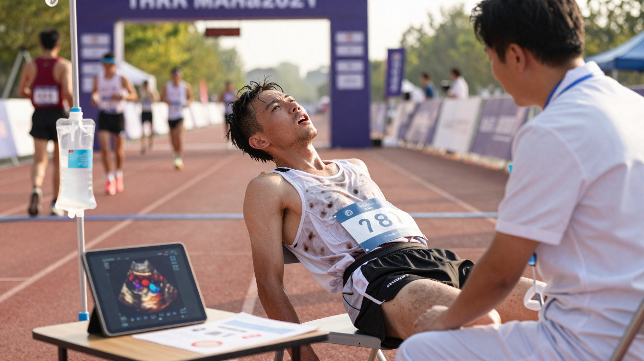 Atleta exausto deitado enquanto é assistido por profissional de saúde num evento de corrida em pista exterior.