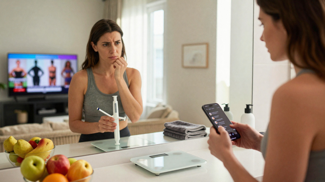 Mulher preocupada junto a uma balança digital com doseador, olhando para si no espelho enquanto segura um telemóvel.