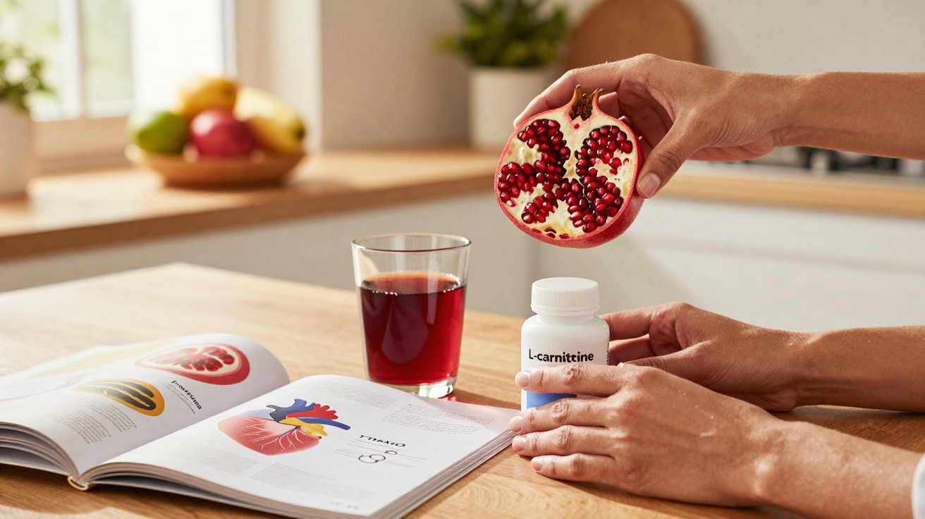 Mãos a segurar romã, frasco de suplemento L-carnitina, livro aberto e copo com sumo vermelho numa mesa.