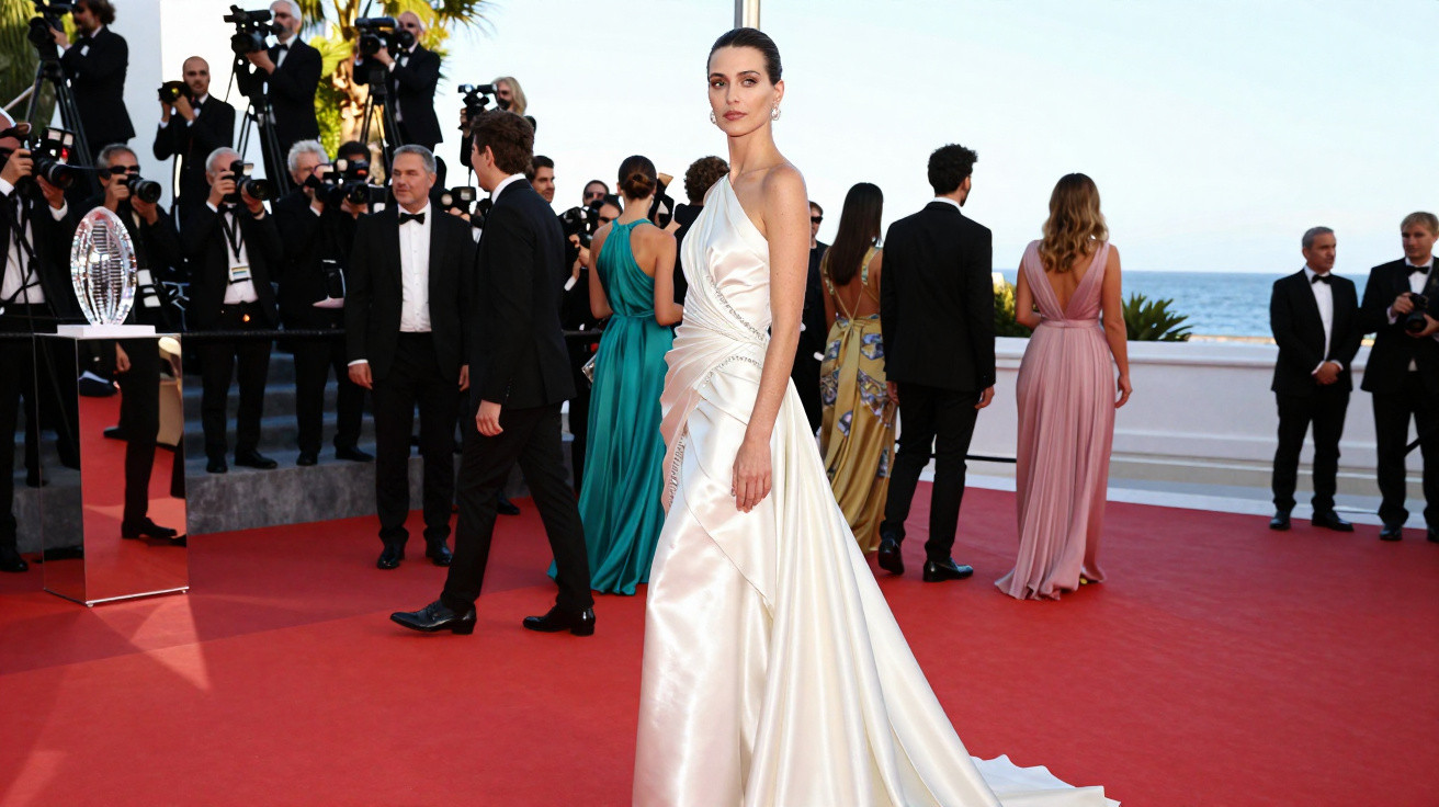 Mulher com vestido branco longo posando no tapete vermelho com fotógrafos e convidados ao fundo junto ao mar.