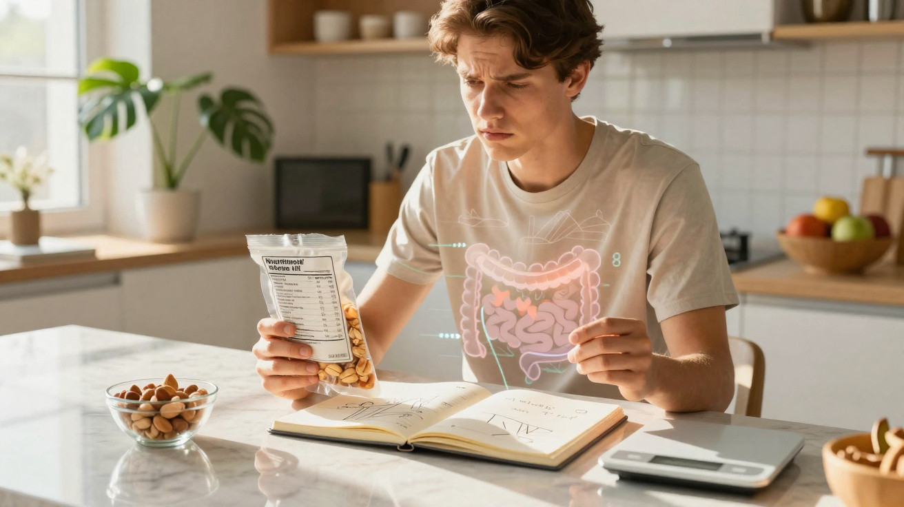 Homem a ler informações nutricionais de um pacote de frutos secos com ilustração do intestino na camiseta.