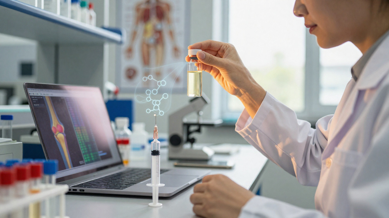 Cientista em laboratório a analisar frasco com líquido ao lado de seringa e computador com imagem de articulação.