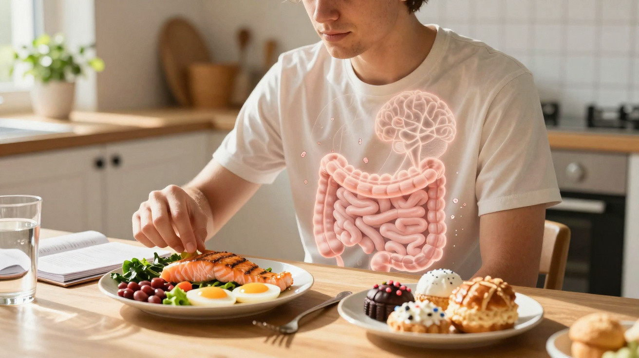 Homem a escolher comida saudável na cozinha com ilustração do sistema digestivo e cérebro sobreposto.
