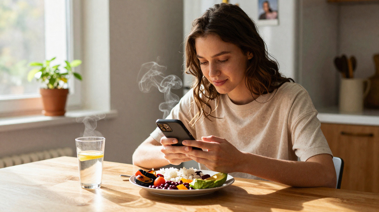 Mulher sentada à mesa a olhar para o telemóvel com prato de comida quente e copo de água com limão.