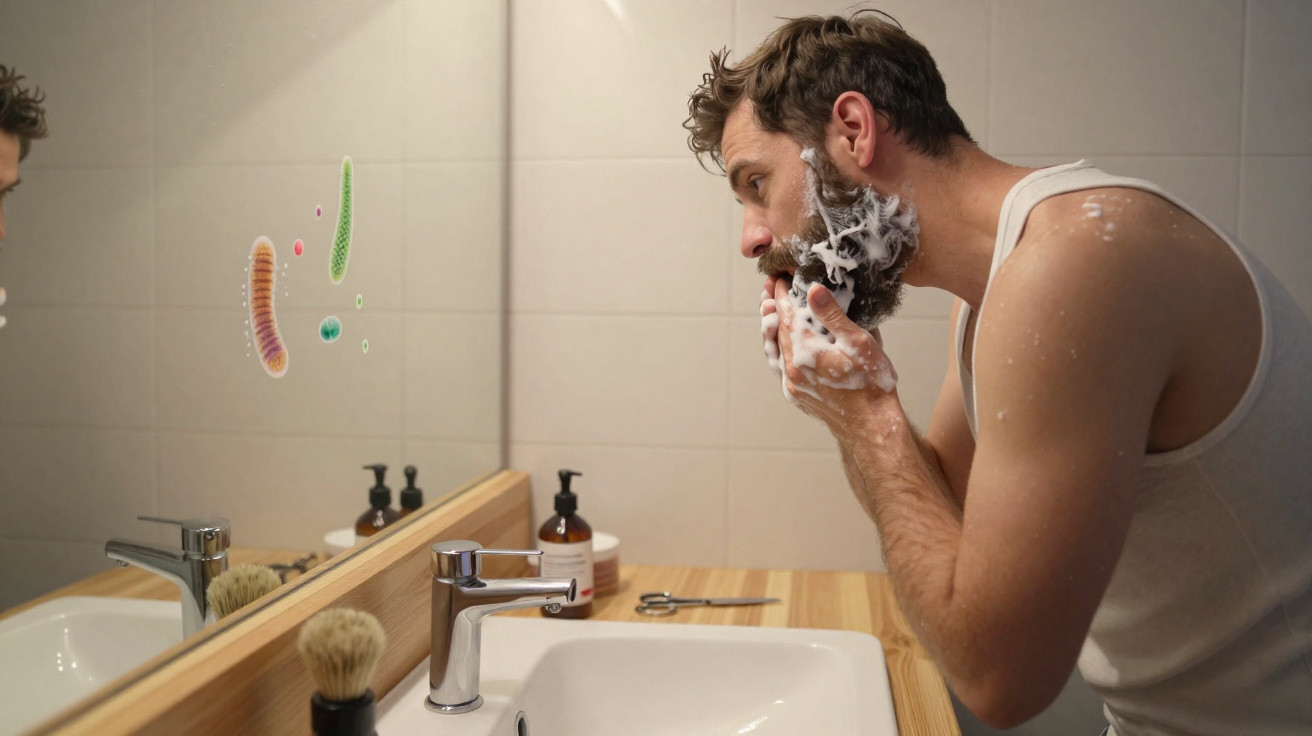 Homem faz espuma na barba frente ao espelho de casa de banho com ilustração de germes no vidro.