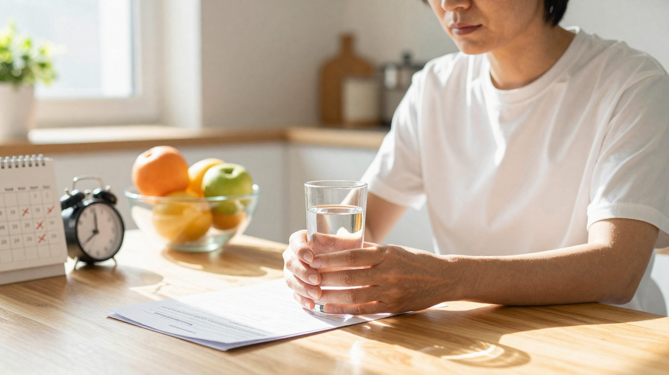 Pessoa sentada à mesa segura copo de água, com calendário, relógio despertador e frutos no plano de fundo.