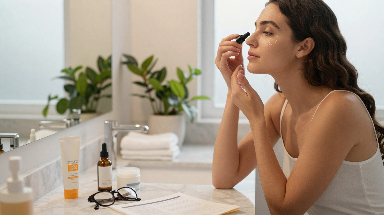 Mulher a aplicar sérum facial num lavabo com planta, toalhas e produtos de cuidados de pele.